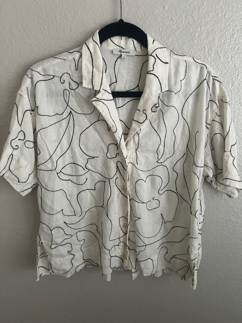 Madewell White Button-Down Shirt with Black Abstract Line Print